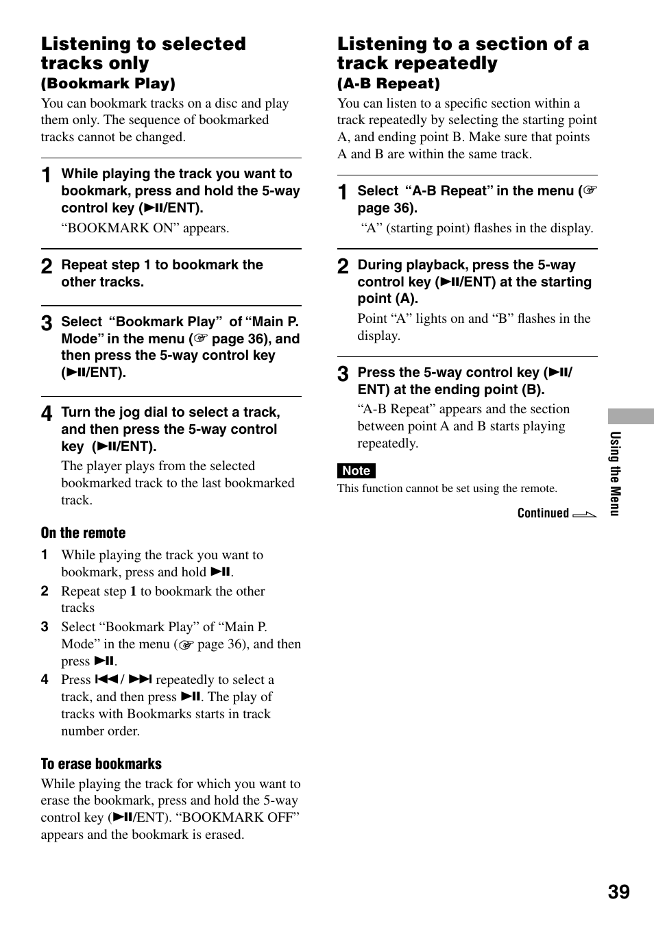 Listening to selected tracks only(bookmark play), Listening to selected tracks only, Bookmark play) | Listening to a section of a track, Repeatedly (a-b repeat) | Sony MZ-DH10P User Manual | Page 39 / 99