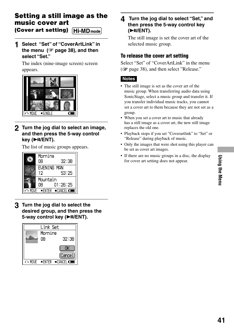 Setting a still image as the music cover a, Cover art setting), Setting a still image as the music cover art | Sony MZ-DH10P User Manual | Page 41 / 99