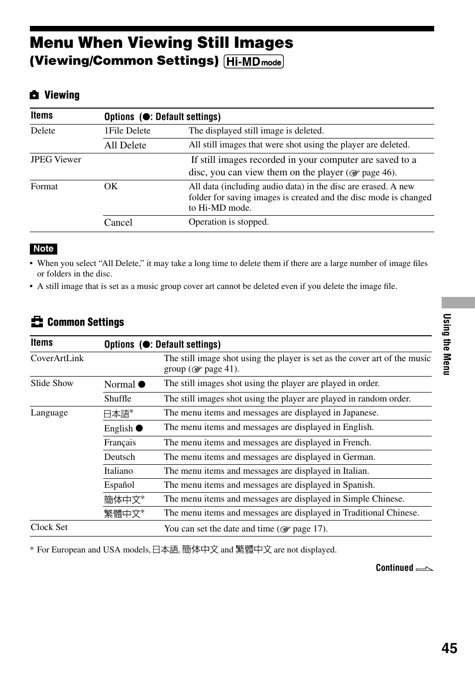 Menu when viewing still images, Viewing/common settings) | Sony MZ-DH10P User Manual | Page 45 / 99