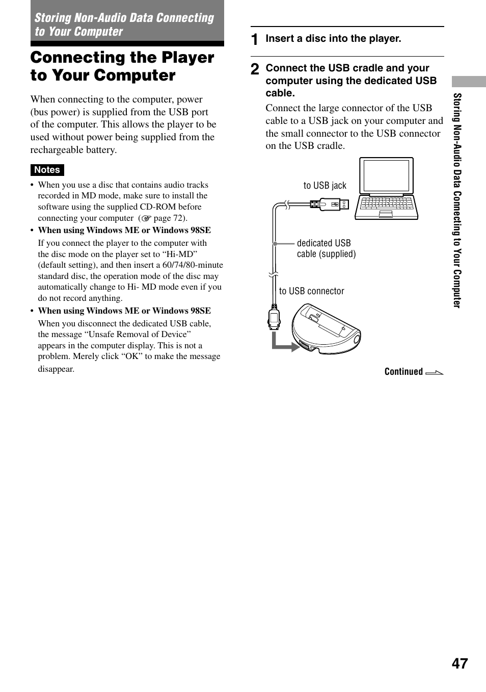 Storing non-audio data connecting to your computer, Connecting the player to your computer, Connecting the player | To your computer | Sony MZ-DH10P User Manual | Page 47 / 99