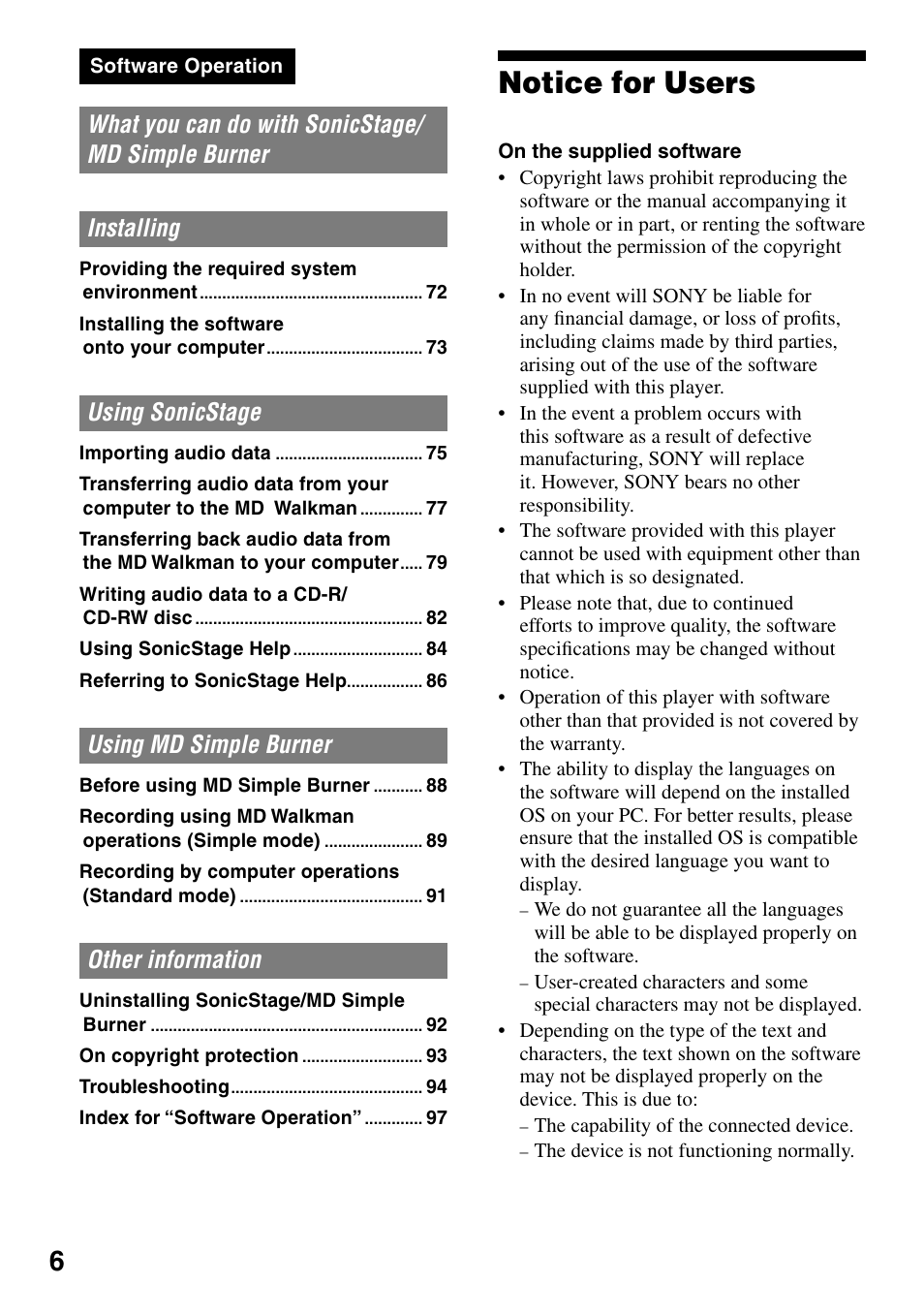 Software operation, Notice for users, Using sonicstage | Using md simple burner, Other information | Sony MZ-DH10P User Manual | Page 6 / 99