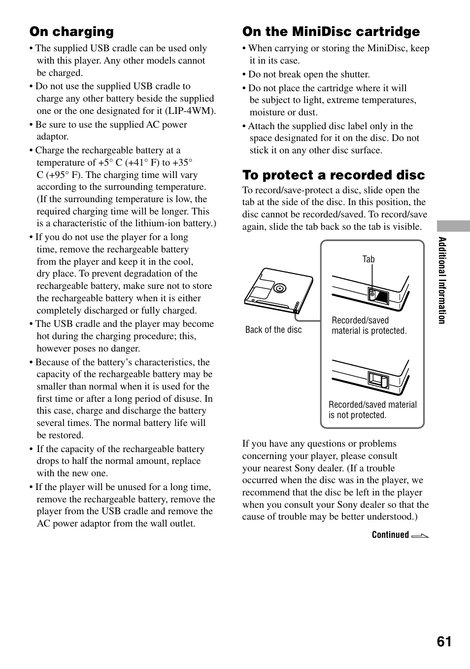 On charging, On the minidisc cartridge | Sony MZ-DH10P User Manual | Page 61 / 99