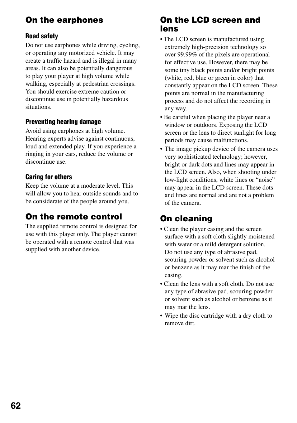 On the earphones, On the remote control, On the lcd screen and lens | On cleaning | Sony MZ-DH10P User Manual | Page 62 / 99