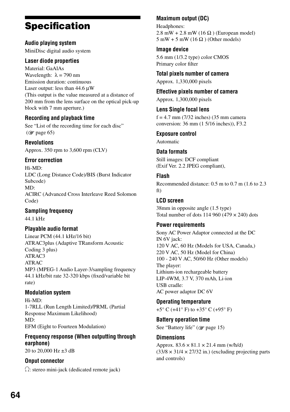 Specification, Speciﬁcation | Sony MZ-DH10P User Manual | Page 64 / 99