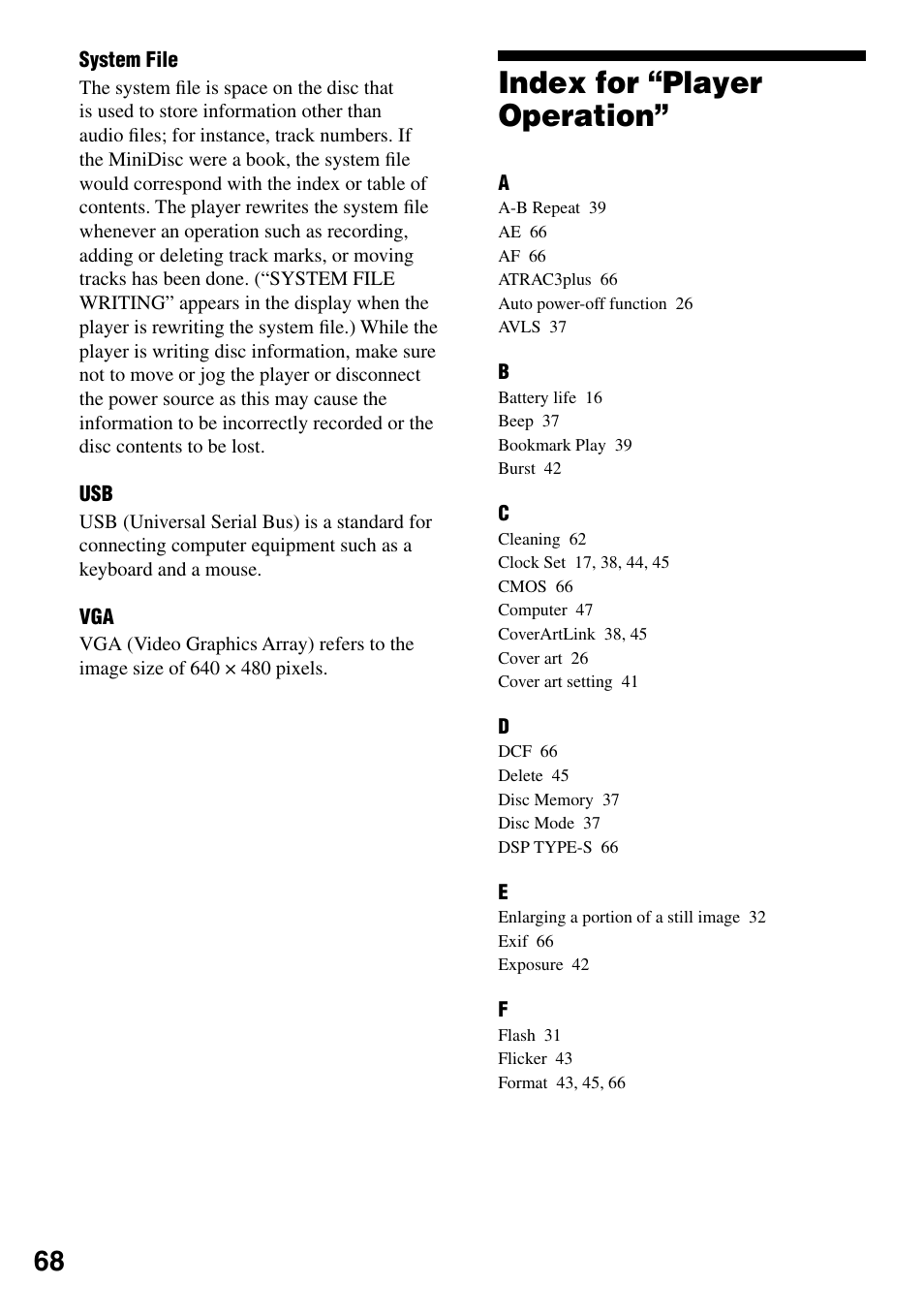 Index for “player operation | Sony MZ-DH10P User Manual | Page 68 / 99