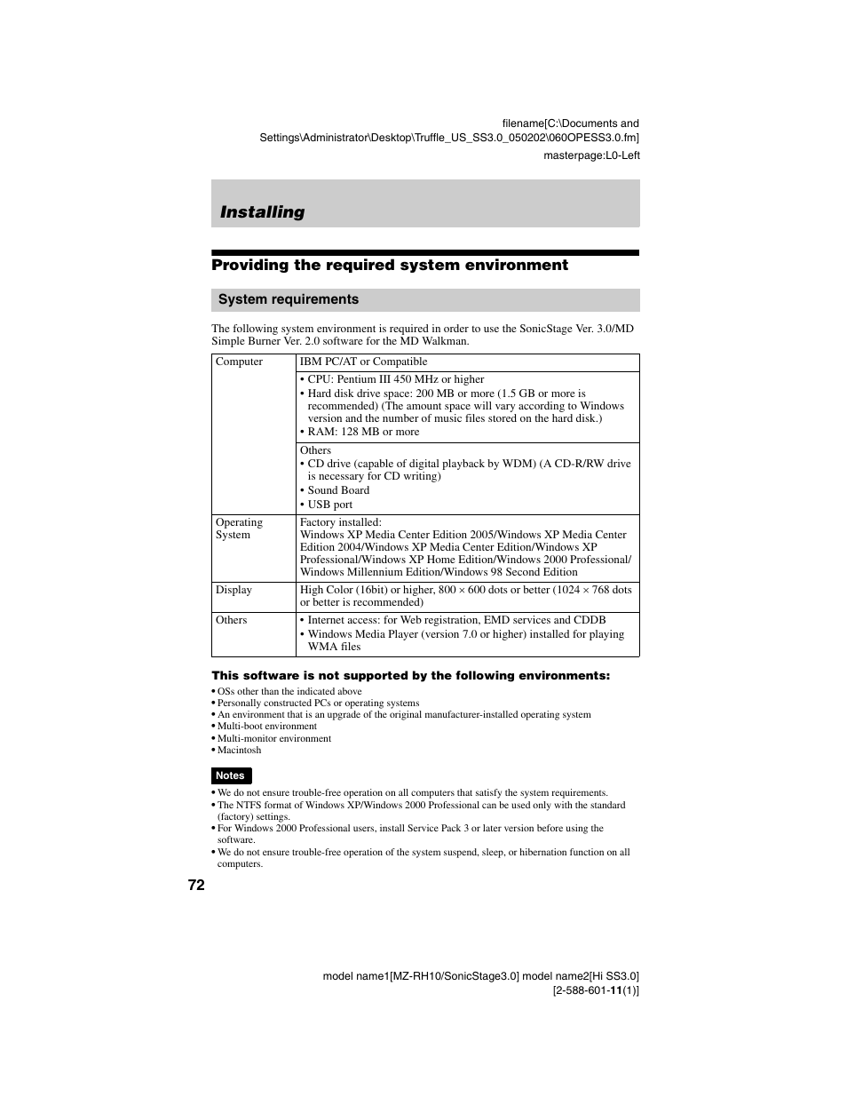 Installing, Providing the required system environment, System requirements | Sony MZ-DH10P User Manual | Page 72 / 99