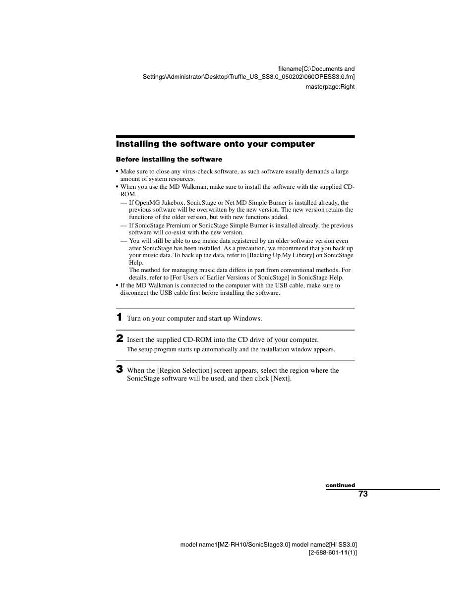 Installing the software onto your computer, 73 installing the software onto your computer | Sony MZ-DH10P User Manual | Page 73 / 99