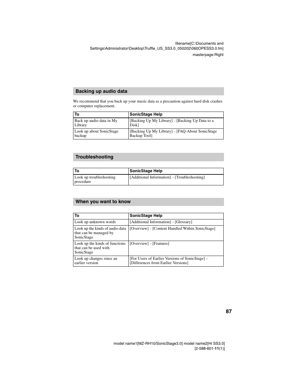 Backing up audio data, Troubleshooting, When you want to know | Sony MZ-DH10P User Manual | Page 87 / 99