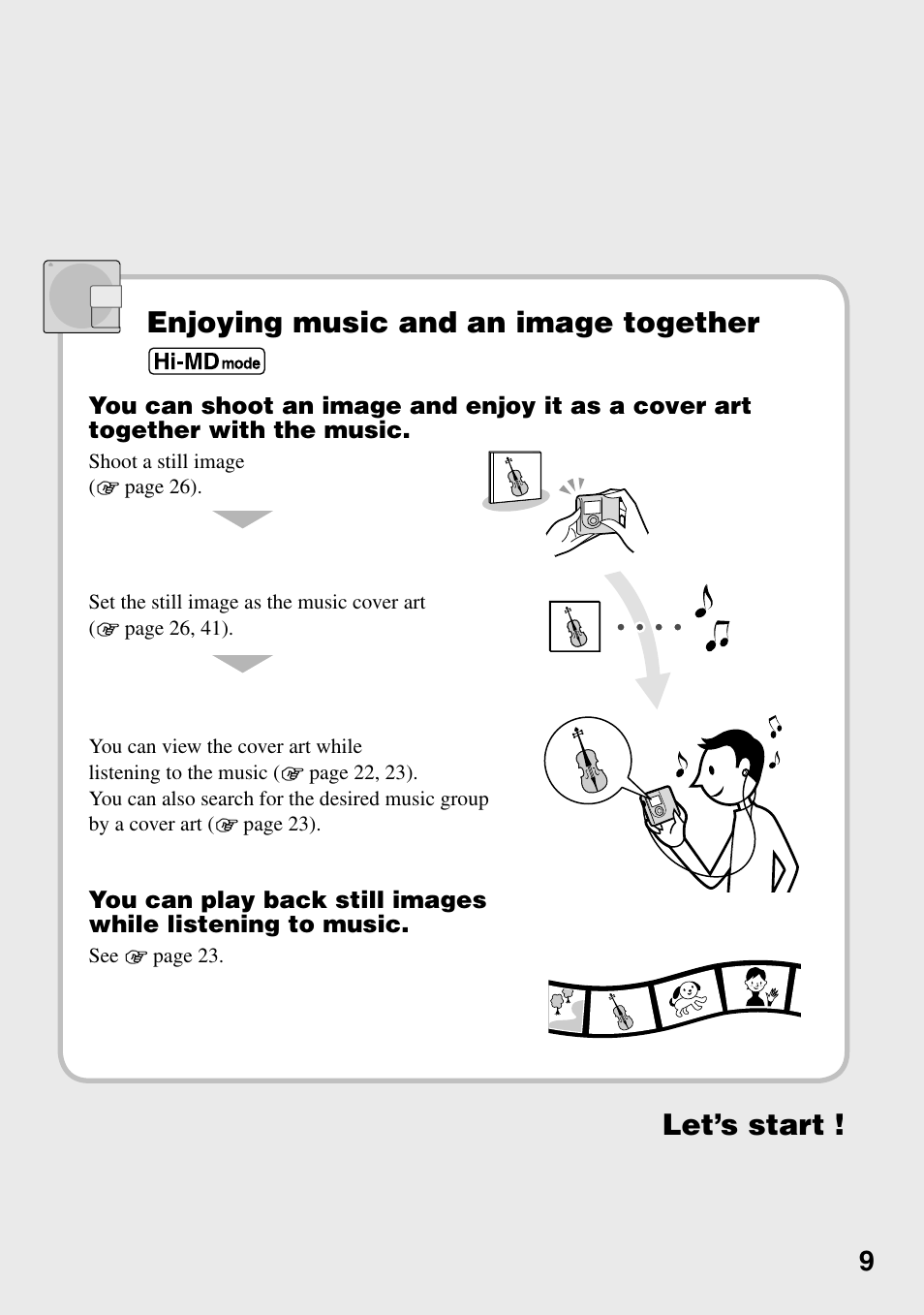 Enjoying music and an image together, Let’s start | Sony MZ-DH10P User Manual | Page 9 / 99