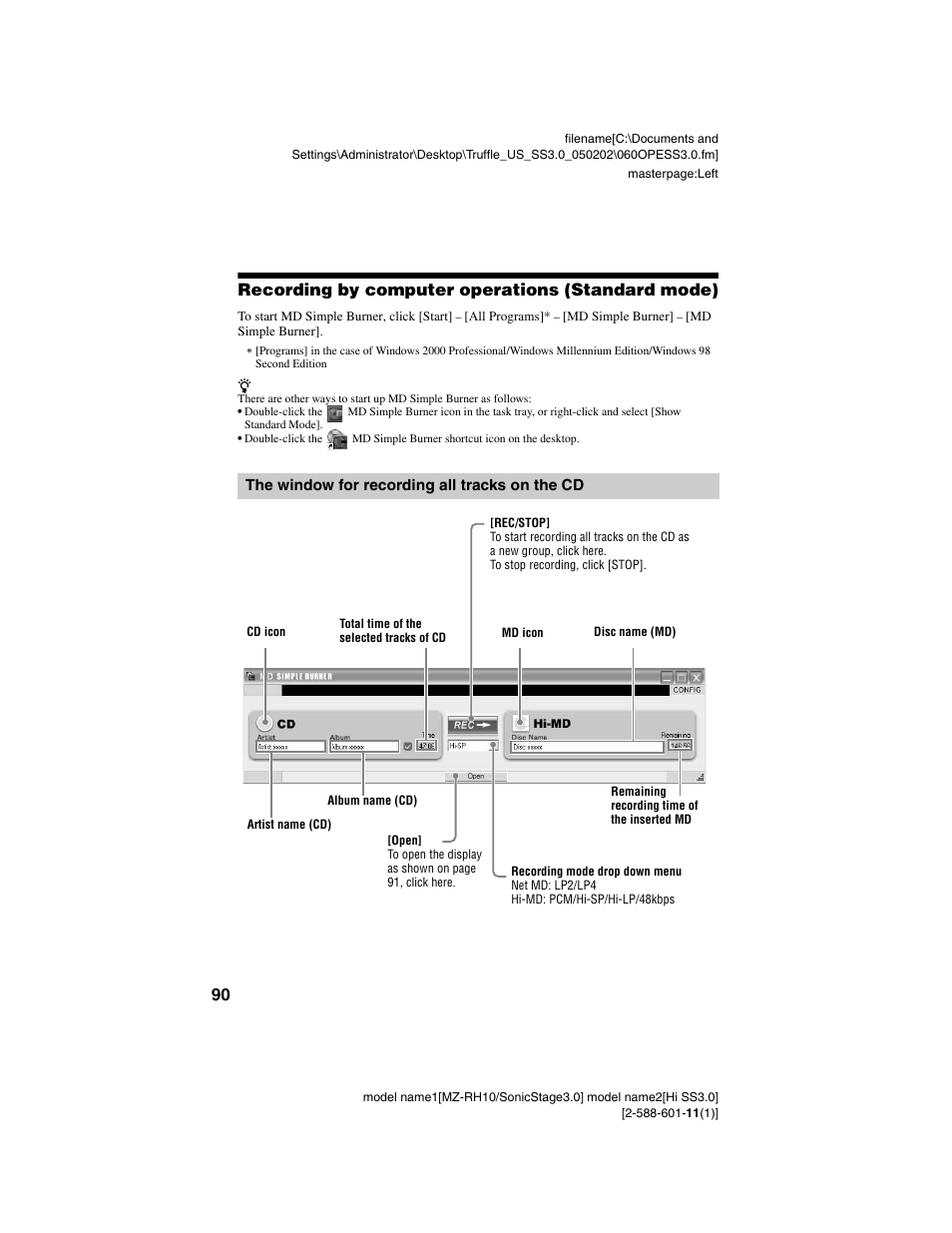 Recording by computer operations (standard mode), The window for recording all tracks on the cd | Sony MZ-DH10P User Manual | Page 90 / 99