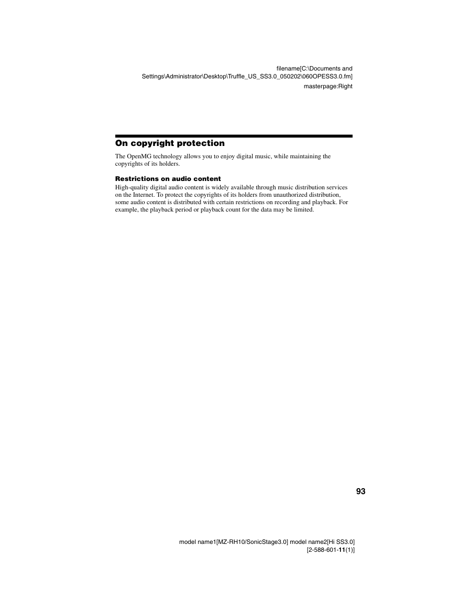 On copyright protection, 93 on copyright protection | Sony MZ-DH10P User Manual | Page 93 / 99