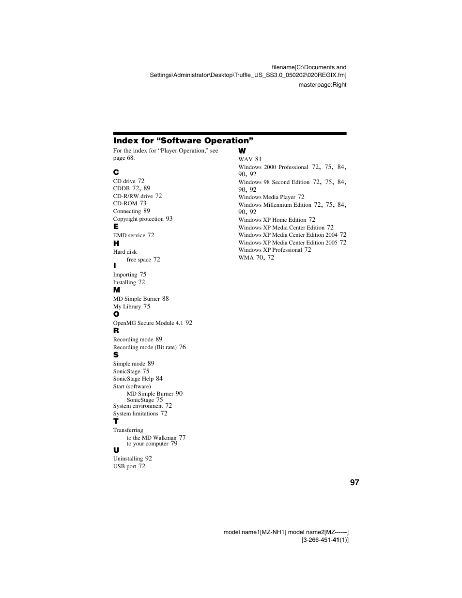 Index for “software operation | Sony MZ-DH10P User Manual | Page 97 / 99