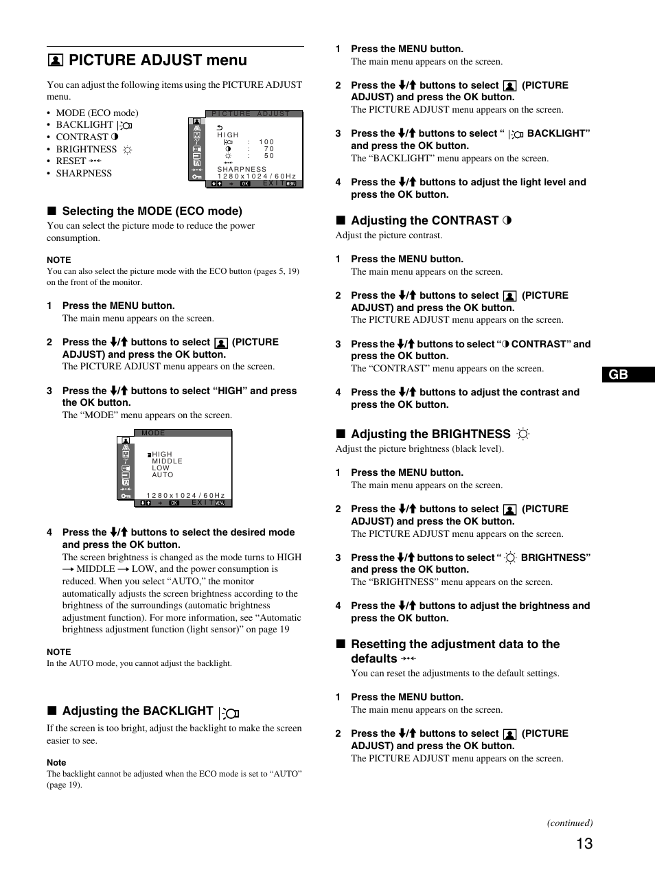 Picture adjust menu, Selecting the mode (eco mode), Adjusting the backlight | Adjusting the contrast, Adjusting the brightness, Resetting the adjustment data to the defaults | Sony SDM-X53 User Manual | Page 14 / 26