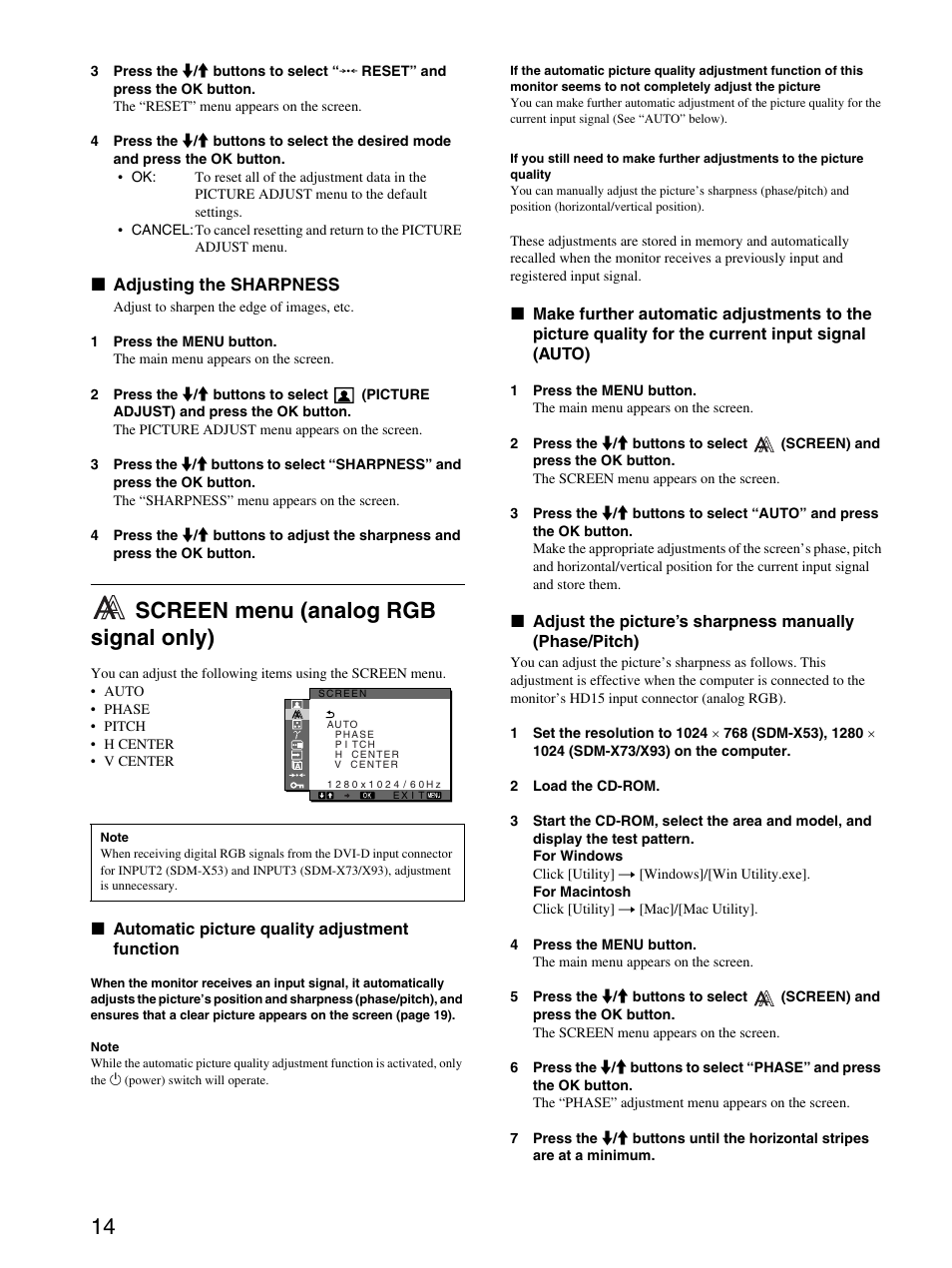 Adjusting the sharpness, Screen menu (analog rgb signal only), Automatic picture quality adjustment function | Sony SDM-X53 User Manual | Page 15 / 26