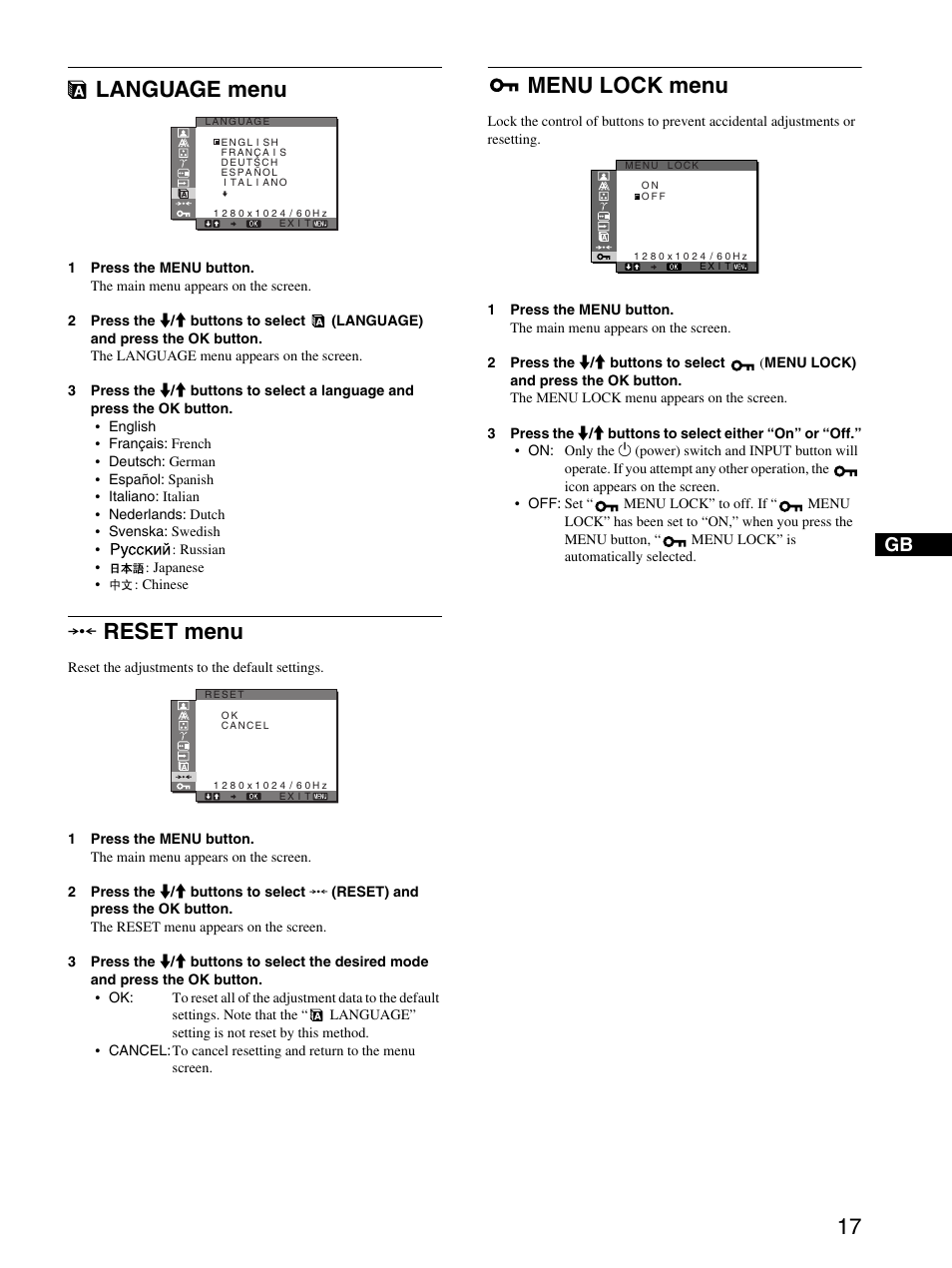 Language menu, Reset menu, Menu lock menu | 0reset menu | Sony SDM-X53 User Manual | Page 18 / 26