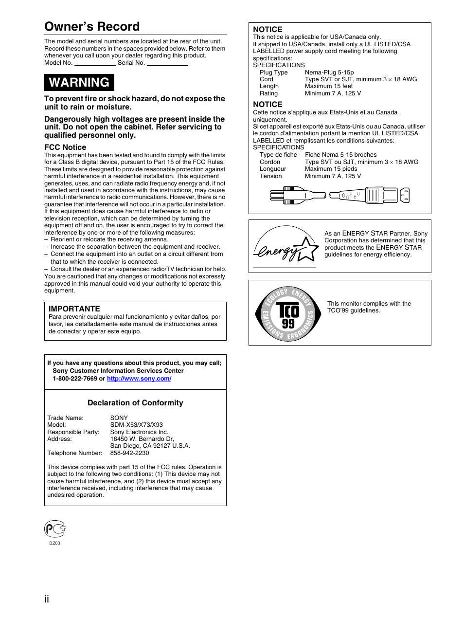 Owner’s record, Warning | Sony SDM-X53 User Manual | Page 2 / 26