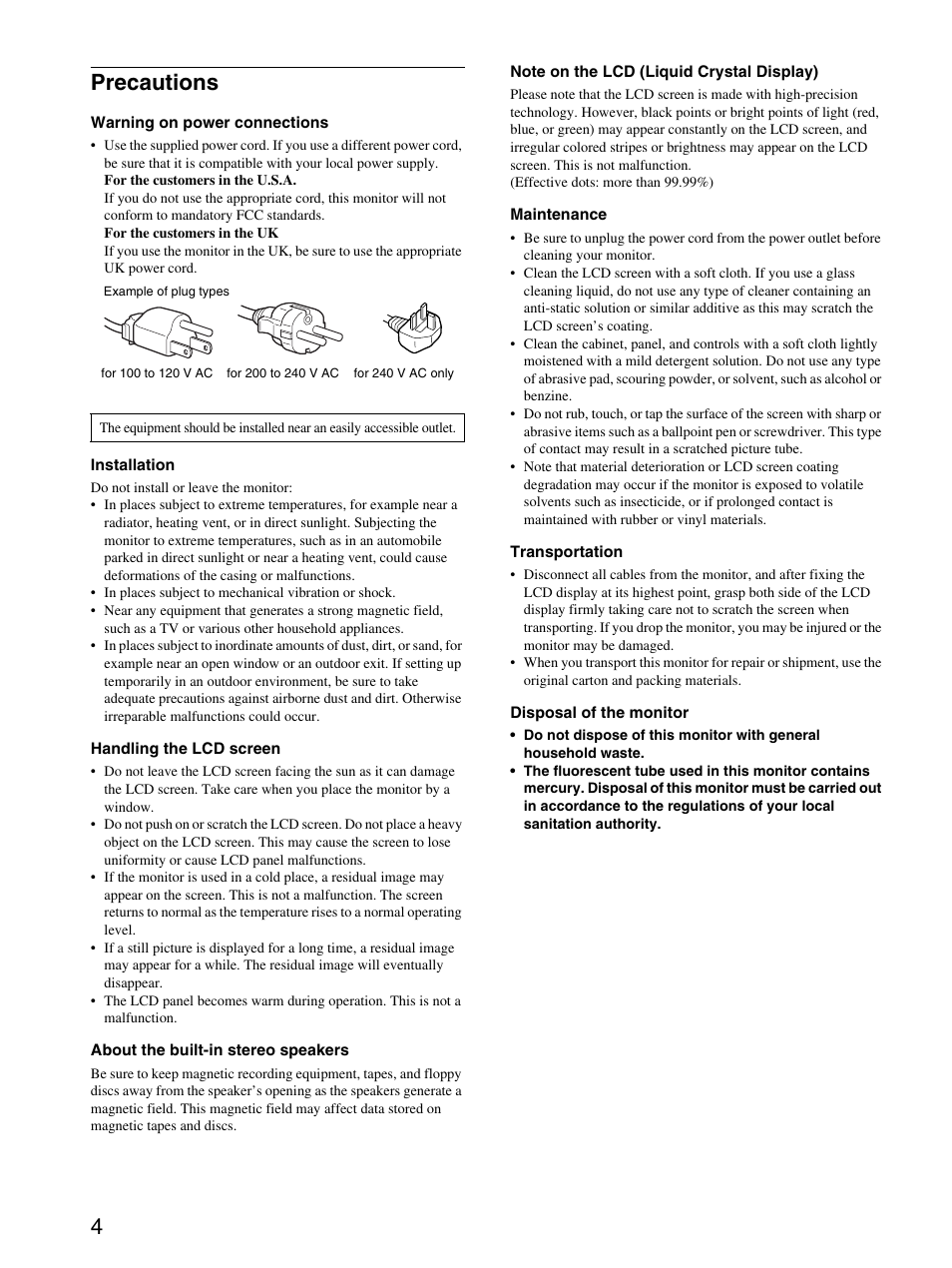 Precautions, 4precautions | Sony SDM-X53 User Manual | Page 5 / 26