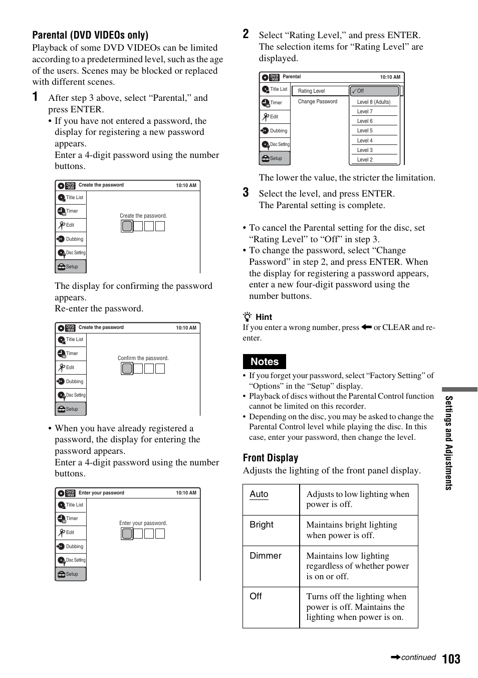 Parental (dvd videos only), Front display, Adjusts the lighting of the front panel display | Sony RDR-VX525 User Manual | Page 103 / 160