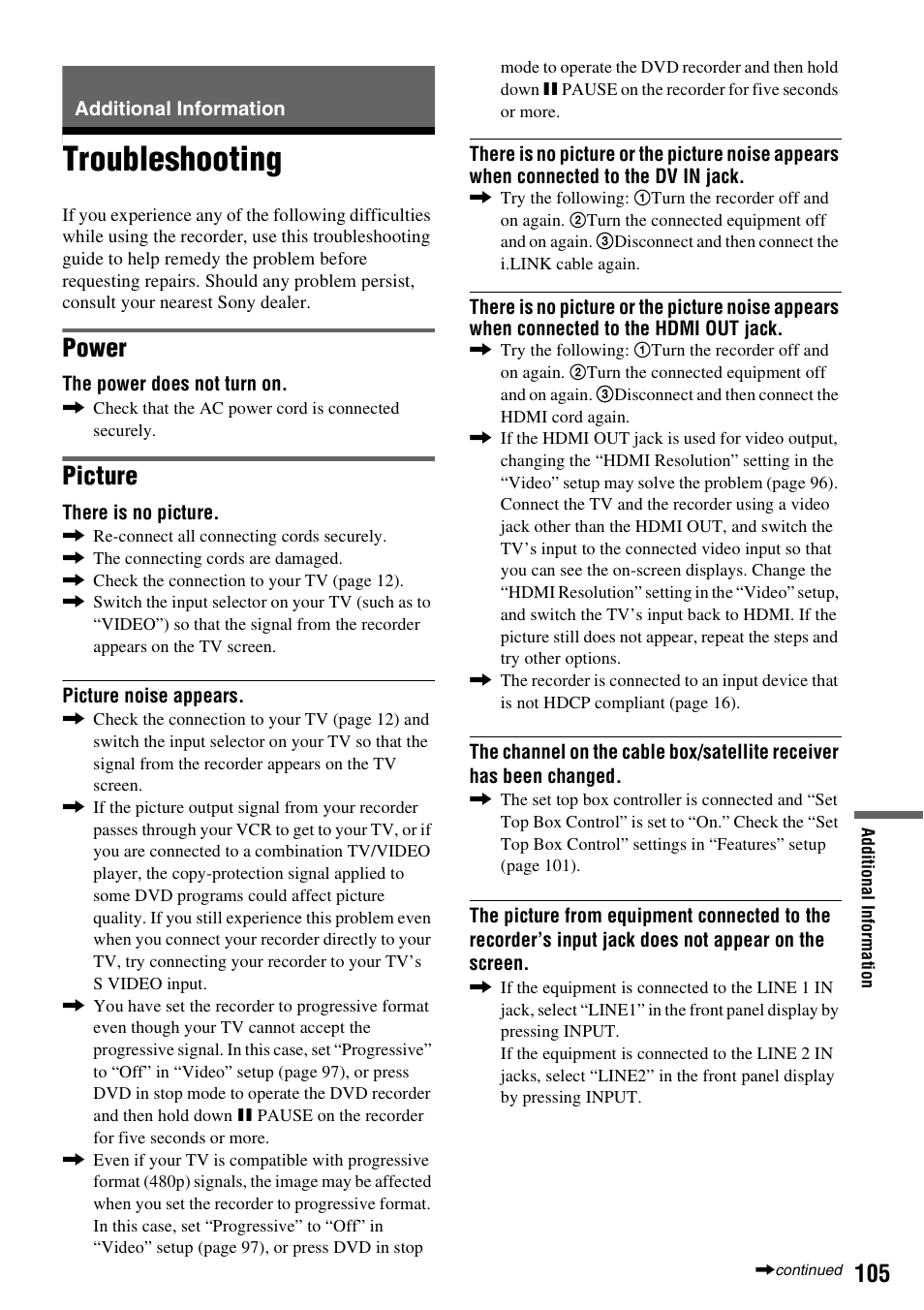 Additional information, Troubleshooting, Power | Picture | Sony RDR-VX525 User Manual | Page 105 / 160