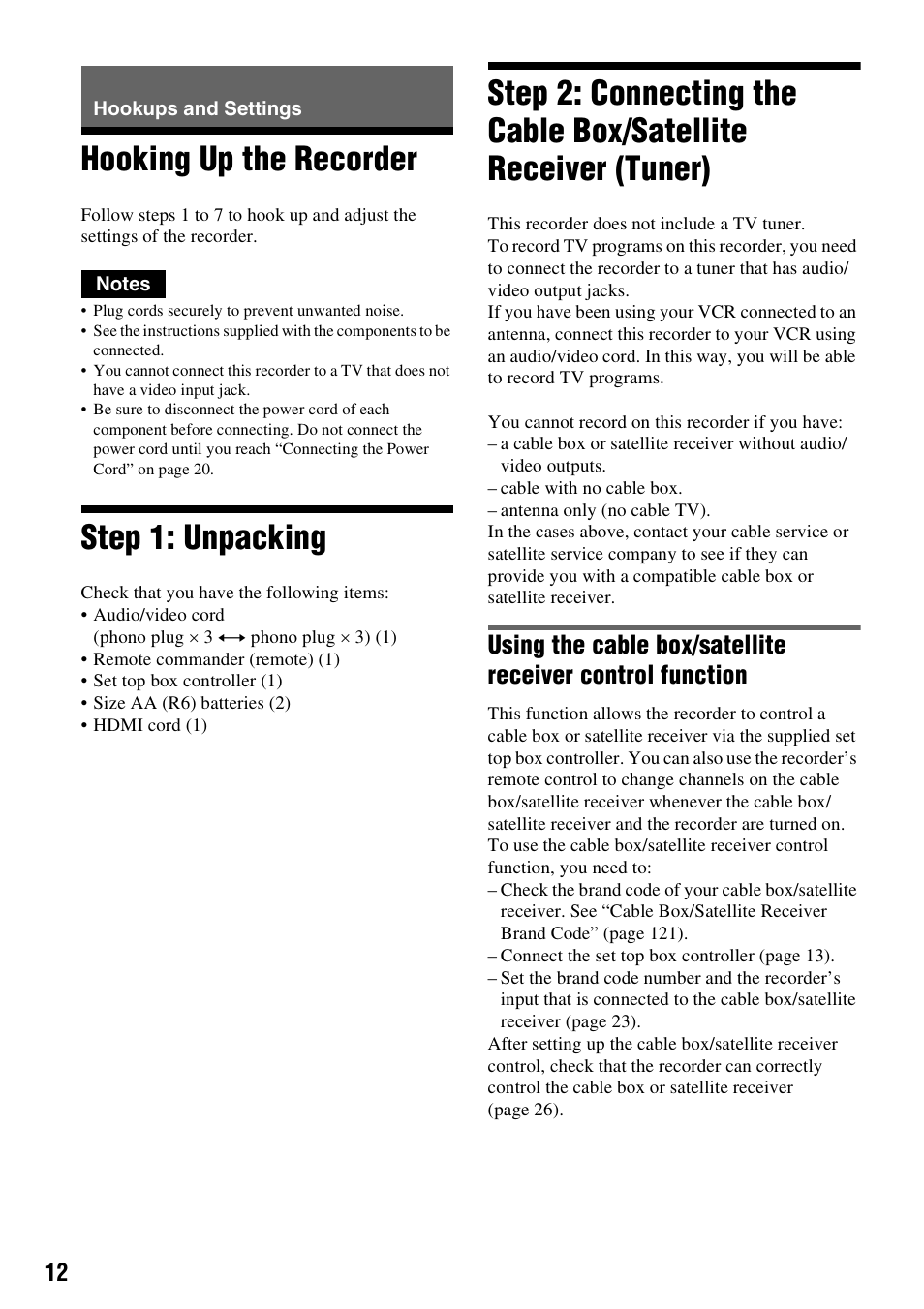 Hookups and settings, Hooking up the recorder, Step 1: unpacking | Sony RDR-VX525 User Manual | Page 12 / 160
