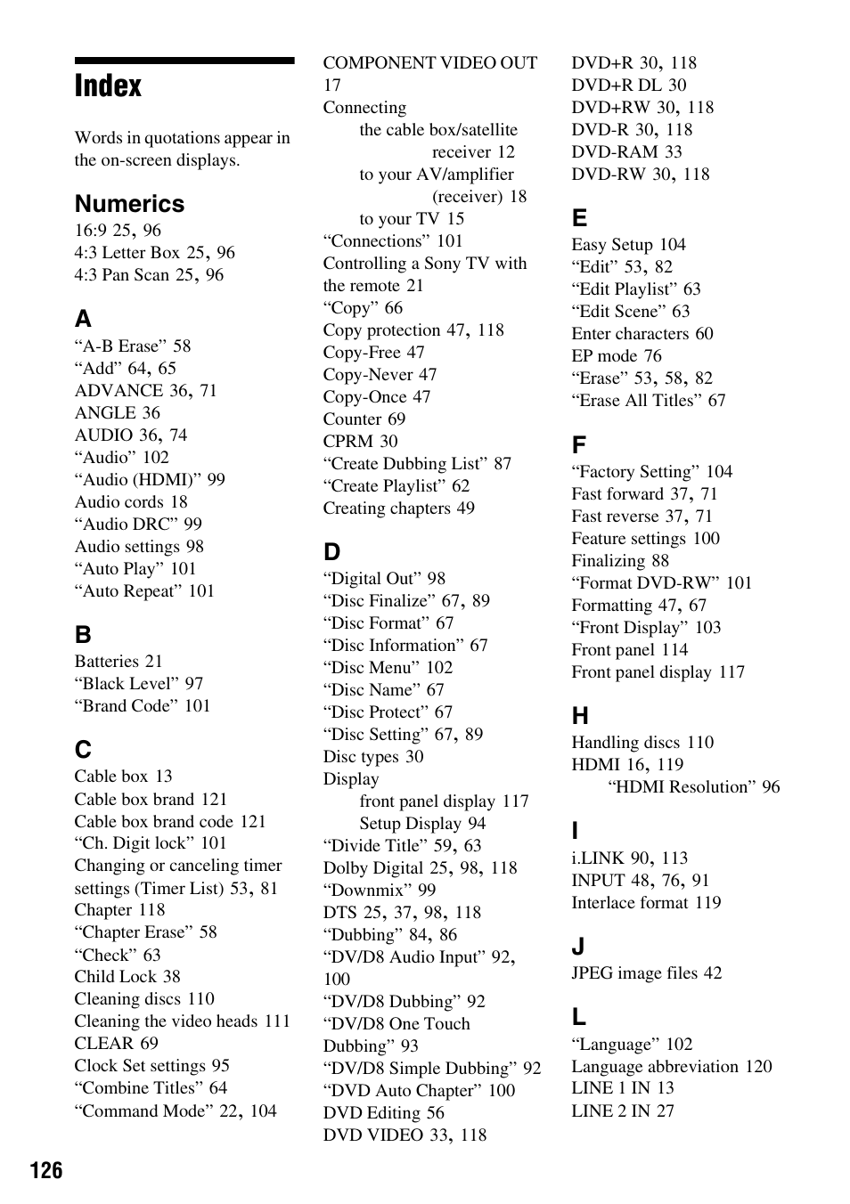 Index, Numerics | Sony RDR-VX525 User Manual | Page 126 / 160