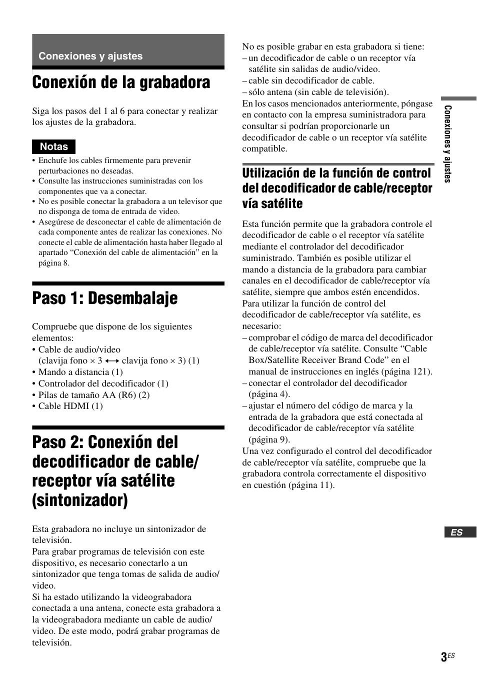 Conexiones y ajustes, Conexión de la grabadora, Paso 1: desembalaje | Sony RDR-VX525 User Manual | Page 129 / 160