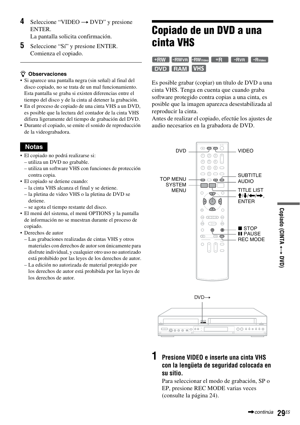 Copiado de un dvd a una cinta vhs, Notas | Sony RDR-VX525 User Manual | Page 155 / 160