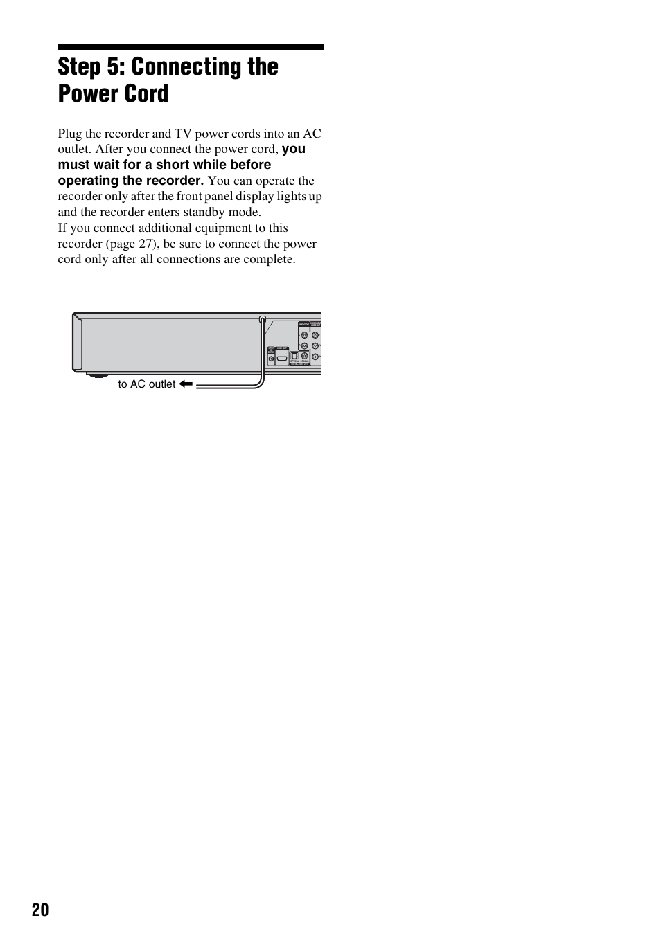 Step 5: connecting the power cord | Sony RDR-VX525 User Manual | Page 20 / 160