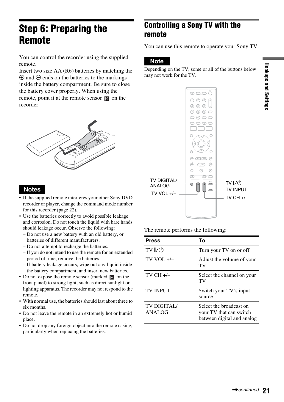 Step 6: preparing the remote, Controlling a sony tv with the remote, You can use this remote to operate your sony tv | The remote performs the following | Sony RDR-VX525 User Manual | Page 21 / 160