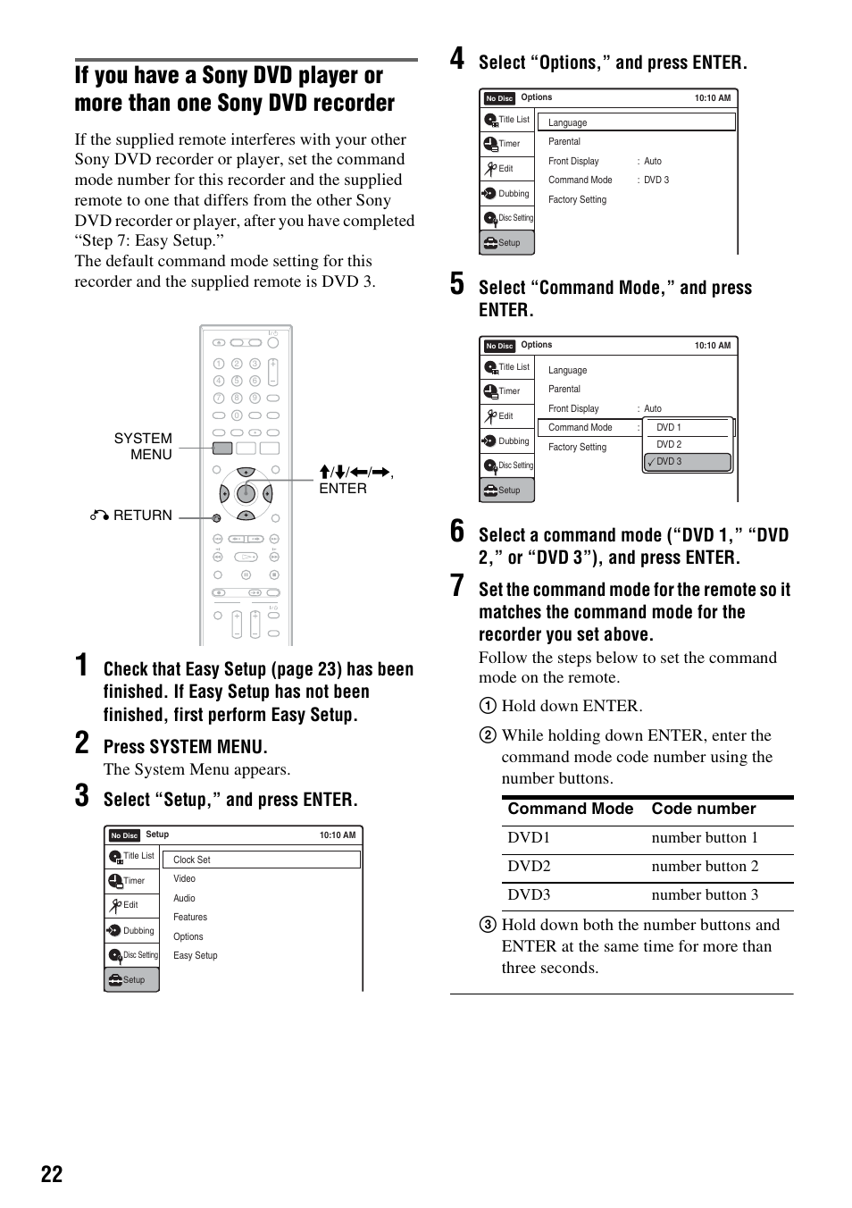 Press system menu, Select “setup,” and press enter, Select “options,” and press enter | Select “command mode,” and press enter, The system menu appears | Sony RDR-VX525 User Manual | Page 22 / 160