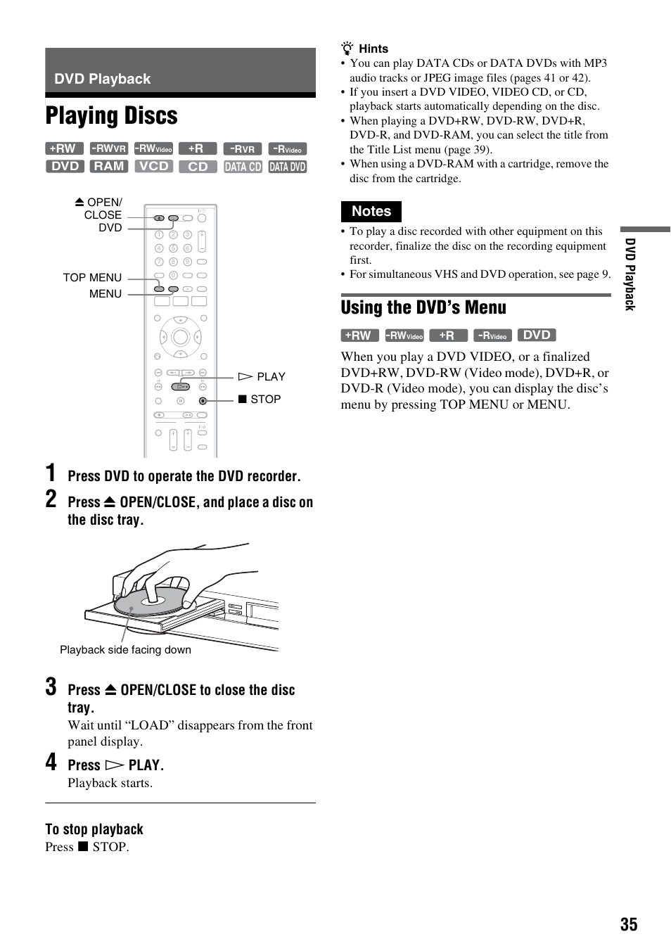 Dvd playback, Playing discs, Playing discs 1 | Using the dvd’s menu, Press dvd to operate the dvd recorder, Press z open/close to close the disc tray, Press h play, Playback starts, Press x stop | Sony RDR-VX525 User Manual | Page 35 / 160