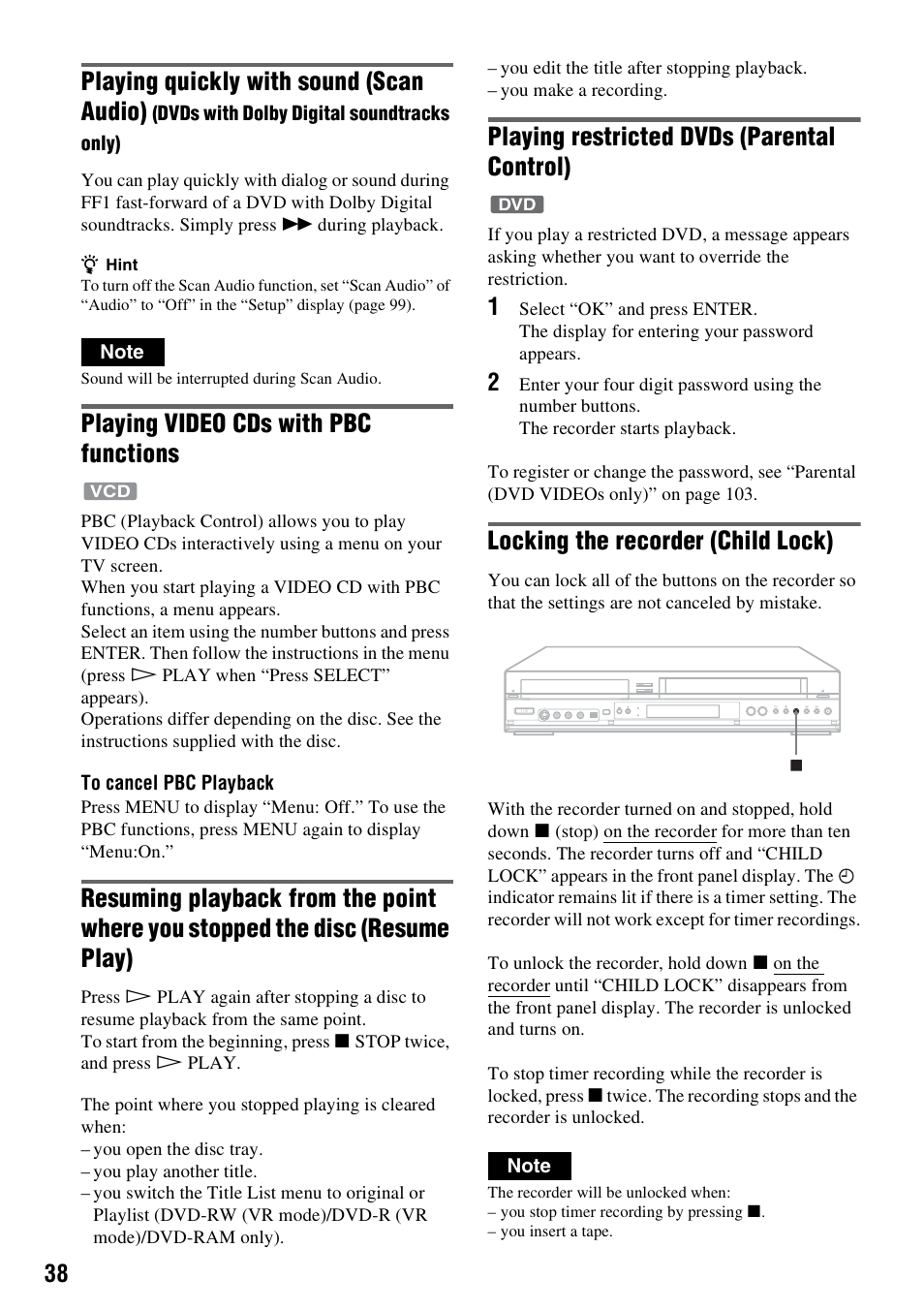 Playing quickly with sound (scan audio), Playing video cds with pbc functions, Playing restricted dvds (parental control) | Locking the recorder (child lock) | Sony RDR-VX525 User Manual | Page 38 / 160