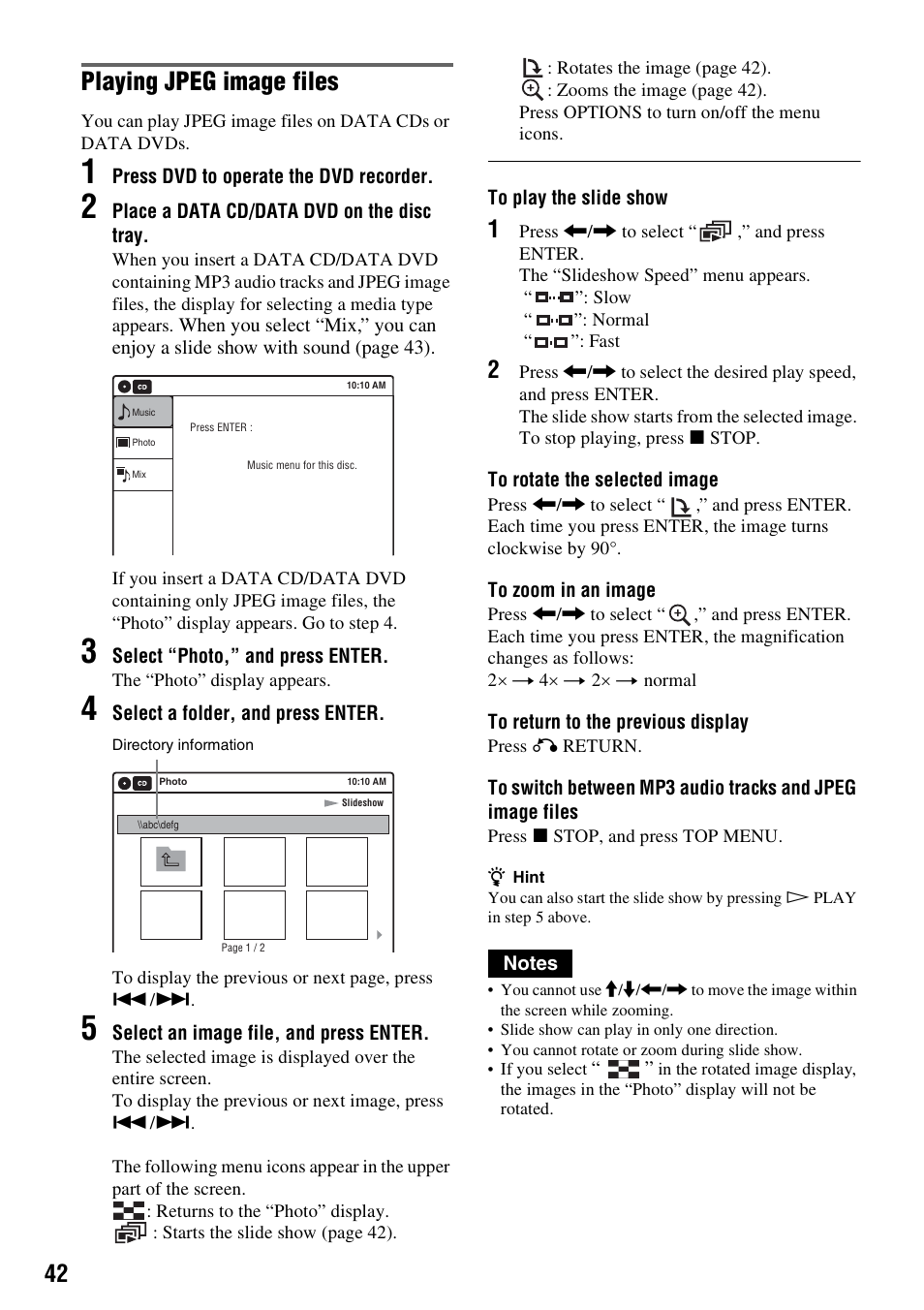 Playing jpeg image files | Sony RDR-VX525 User Manual | Page 42 / 160