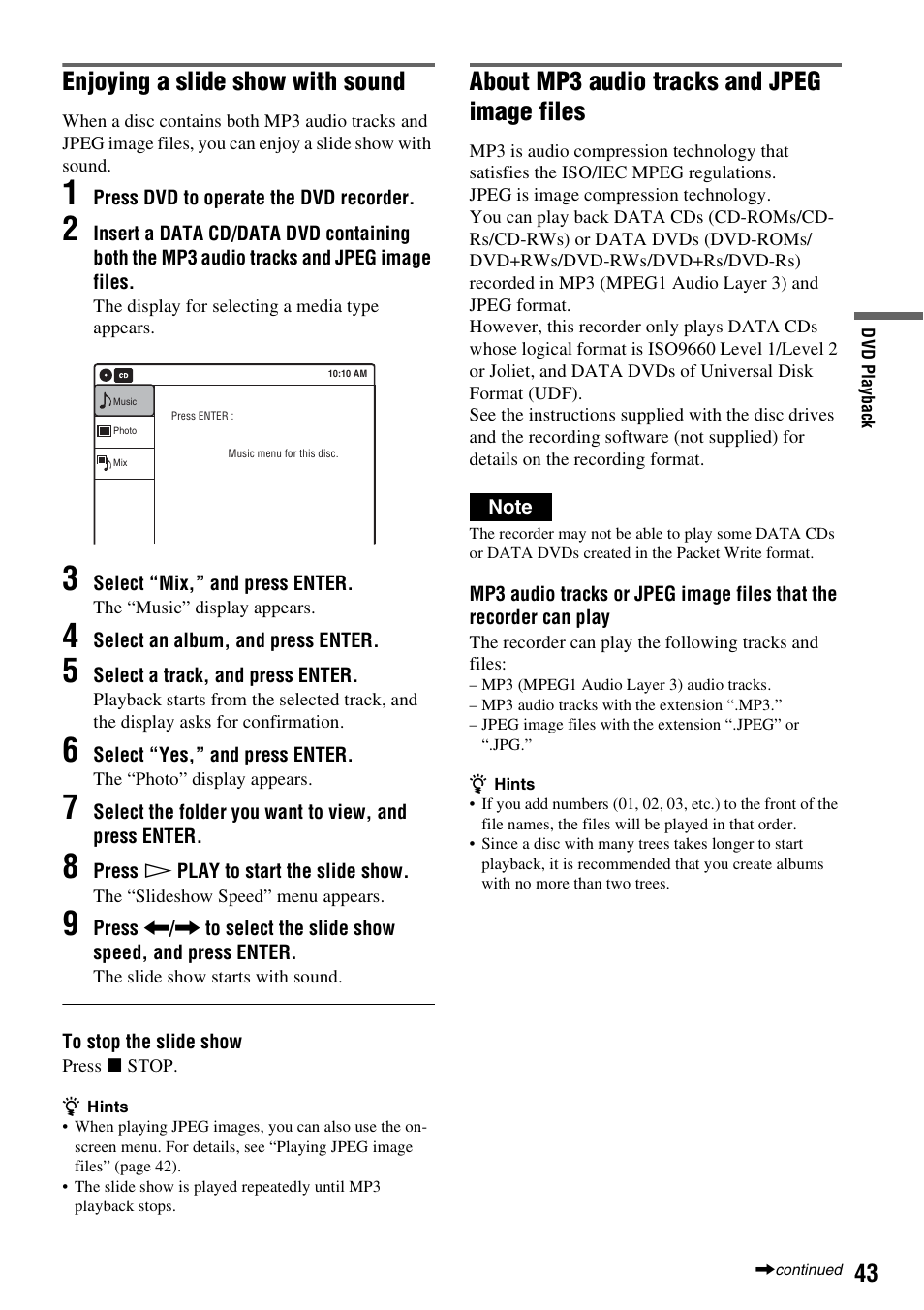 Enjoying a slide show with sound, About mp3 audio tracks and jpeg image files | Sony RDR-VX525 User Manual | Page 43 / 160