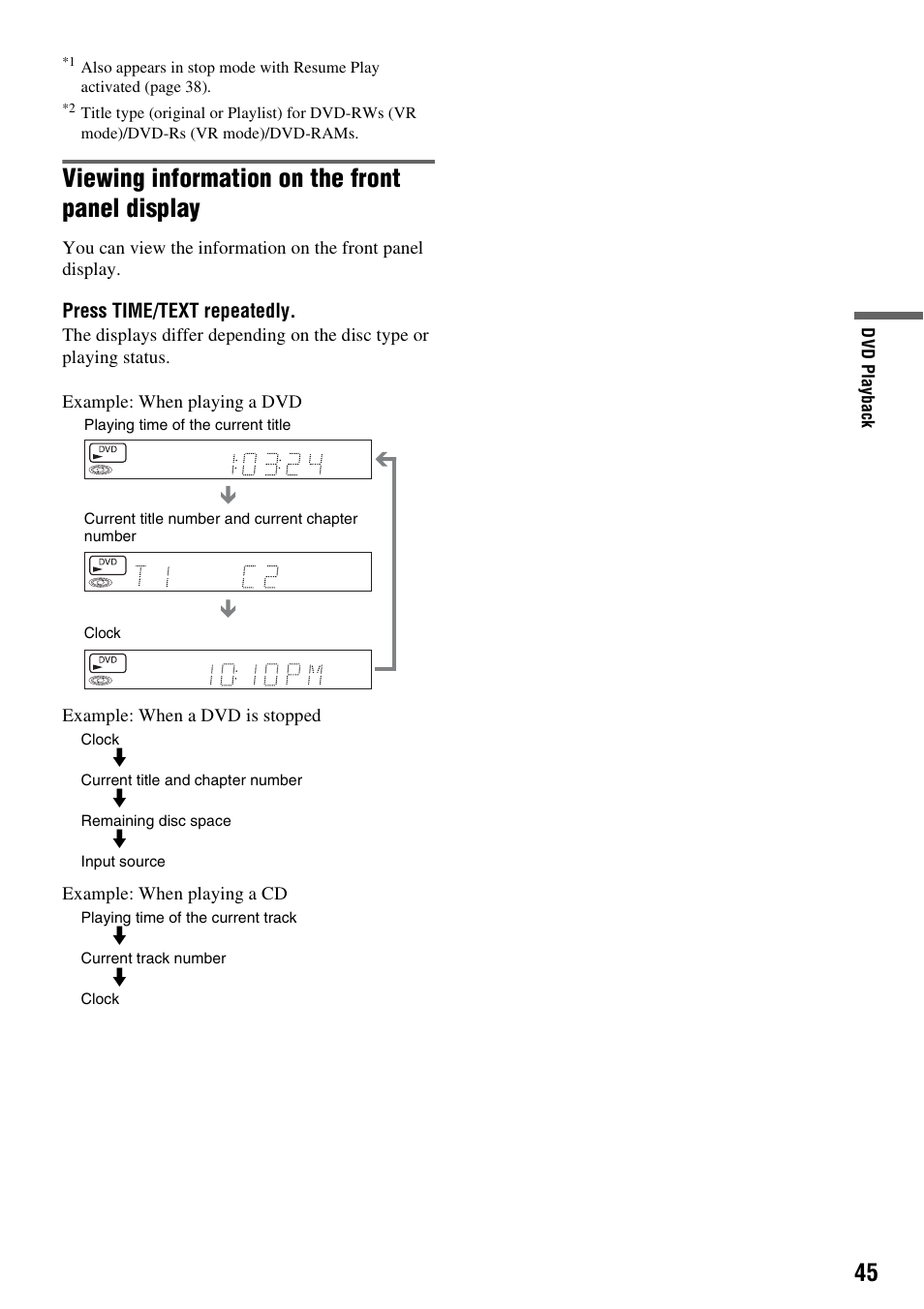 Viewing information on the front panel display | Sony RDR-VX525 User Manual | Page 45 / 160