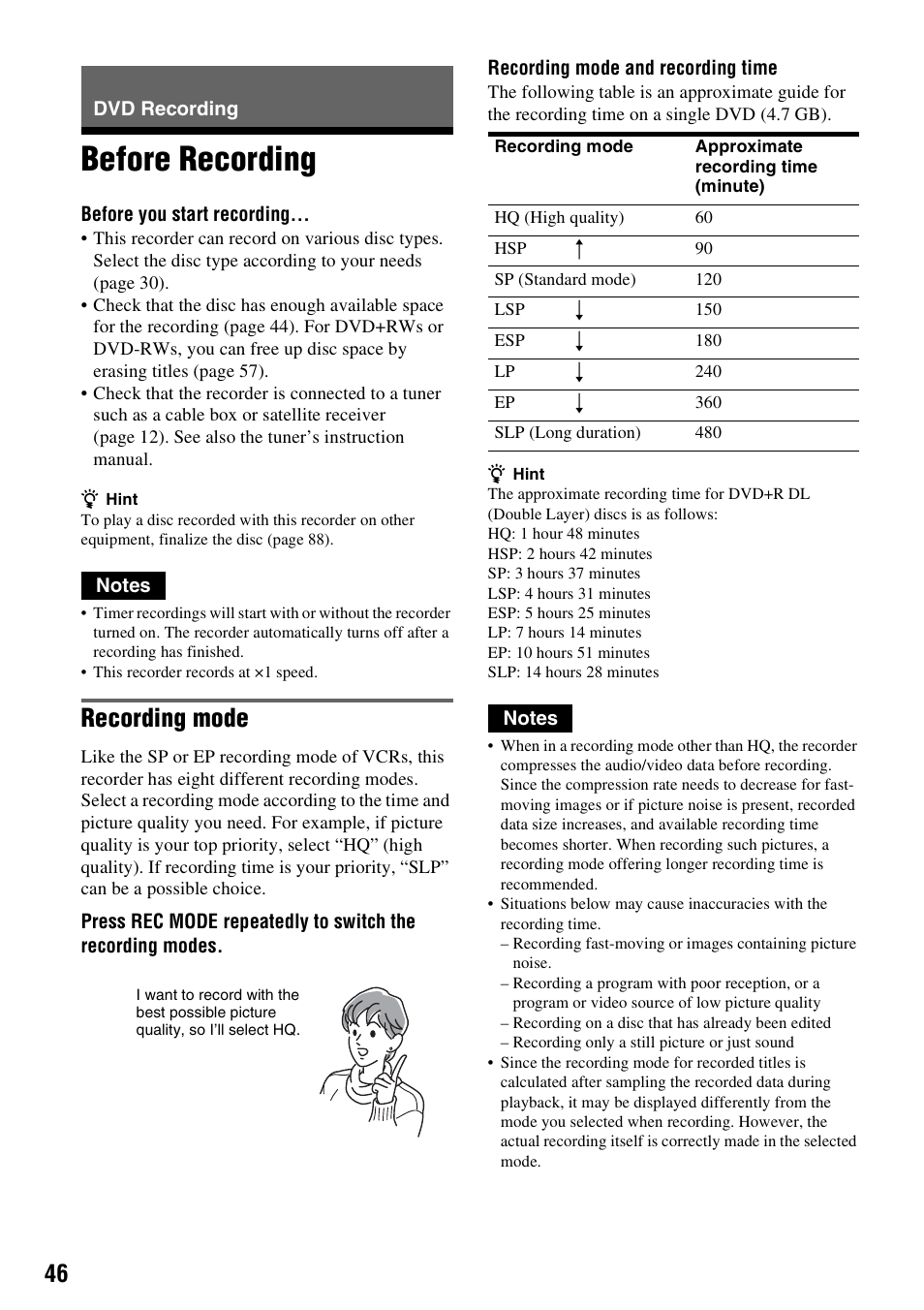 Dvd recording, Before recording, Recording mode | Sony RDR-VX525 User Manual | Page 46 / 160