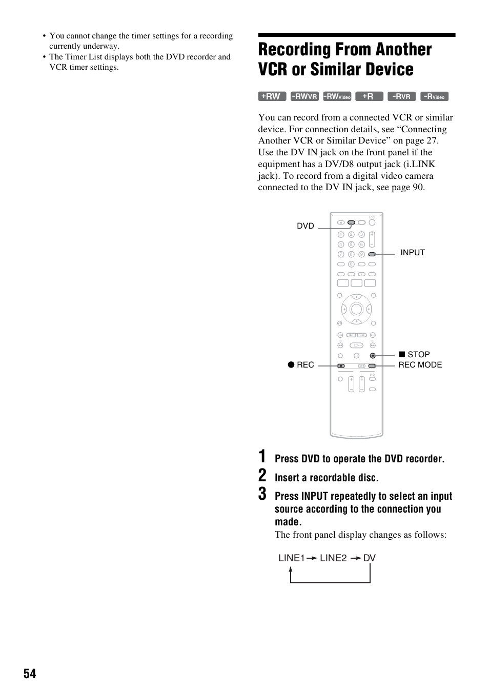 Recording from another vcr or similar device, Press dvd to operate the dvd recorder, Insert a recordable disc | The front panel display changes as follows | Sony RDR-VX525 User Manual | Page 54 / 160