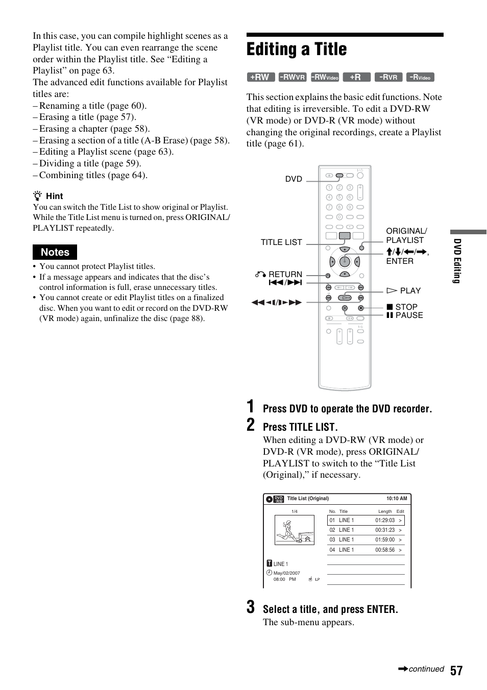 Editing a title, Press dvd to operate the dvd recorder, Press title list | Select a title, and press enter, The sub-menu appears | Sony RDR-VX525 User Manual | Page 57 / 160