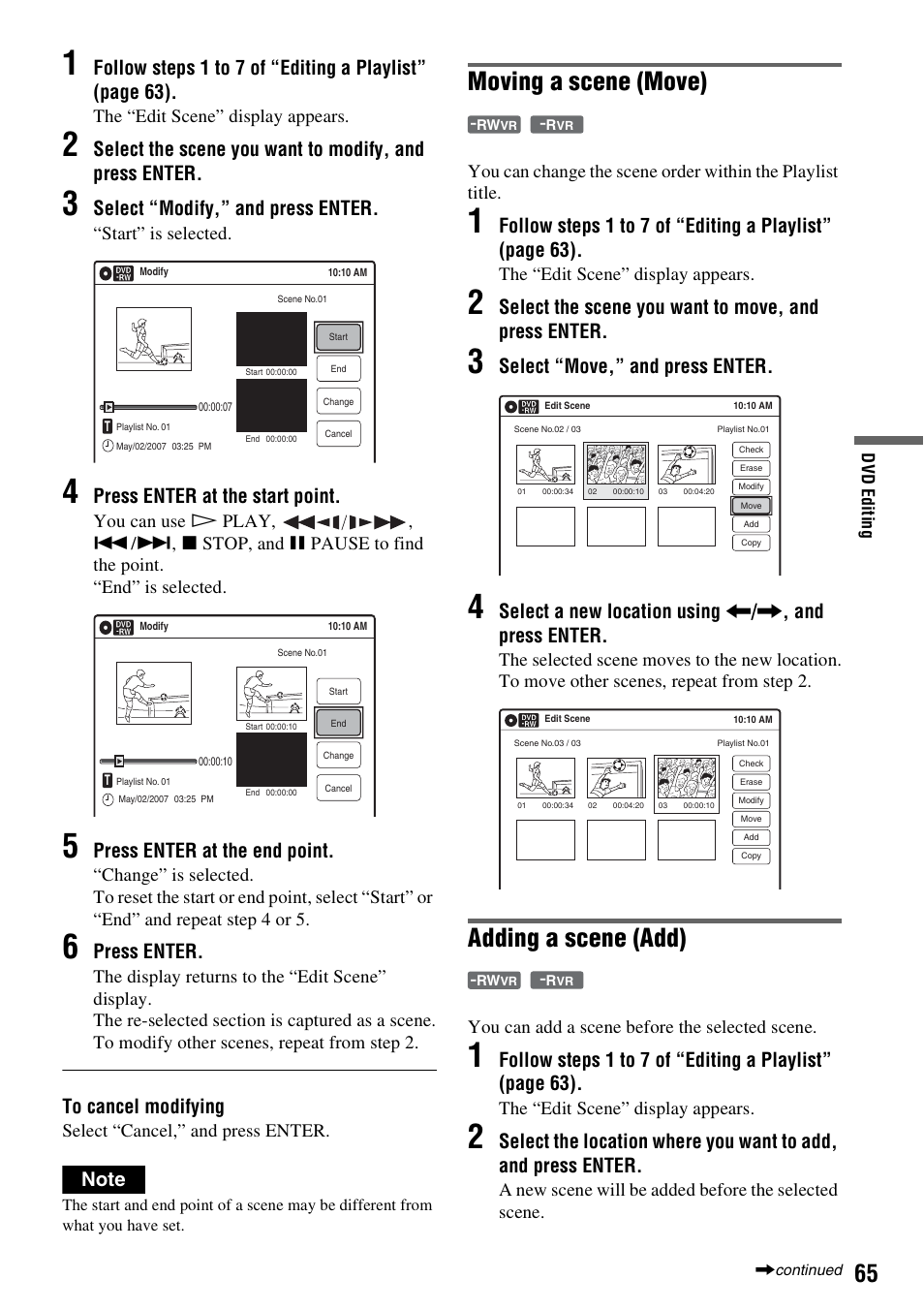 Moving a scene (move), Adding a scene (add), Select “modify,” and press enter | Press enter at the start point, Press enter at the end point, Press enter, Select the scene you want to move, and press enter, Select “move,” and press enter | Sony RDR-VX525 User Manual | Page 65 / 160