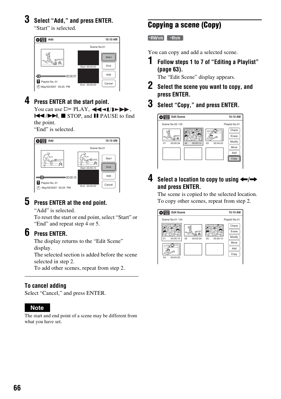 Copying a scene (copy), Select “add,” and press enter, Press enter at the start point | Press enter at the end point, Press enter, Select the scene you want to copy, and press enter, Select “copy,” and press enter, Start” is selected, Select “cancel,” and press enter, You can copy and add a selected scene | Sony RDR-VX525 User Manual | Page 66 / 160