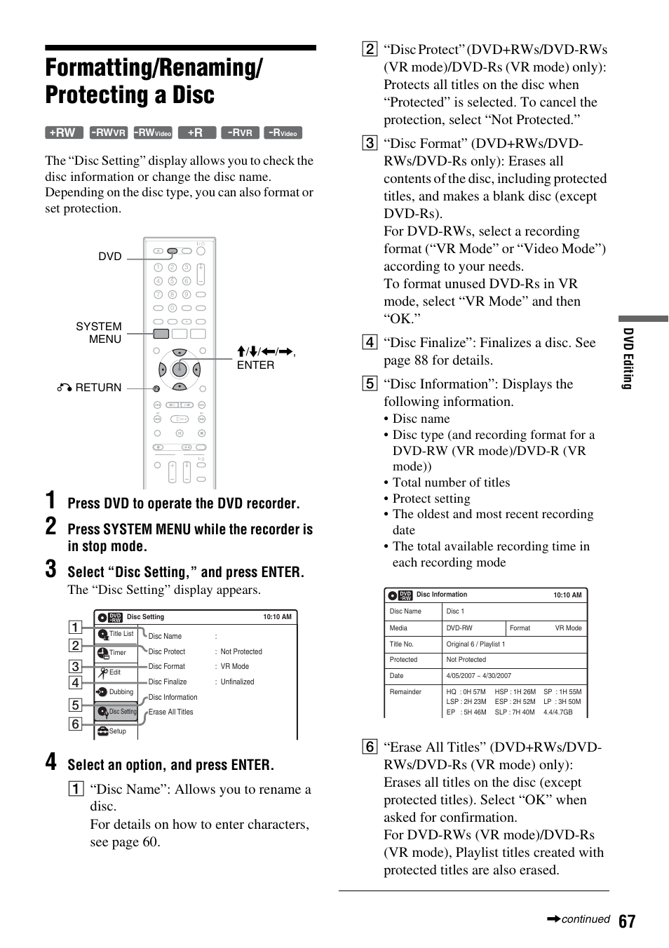 Formatting/renaming/protecting a disc, Formatting/renaming/ protecting a disc, Press dvd to operate the dvd recorder | Select “disc setting,” and press enter, The “disc setting” display appears | Sony RDR-VX525 User Manual | Page 67 / 160