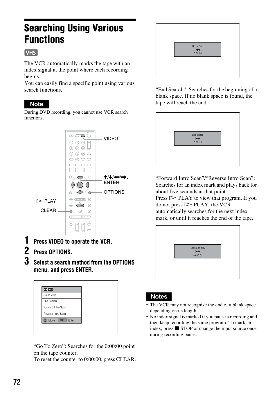 Searching using various functions, Press video to operate the vcr, Press options | Sony RDR-VX525 User Manual | Page 72 / 160