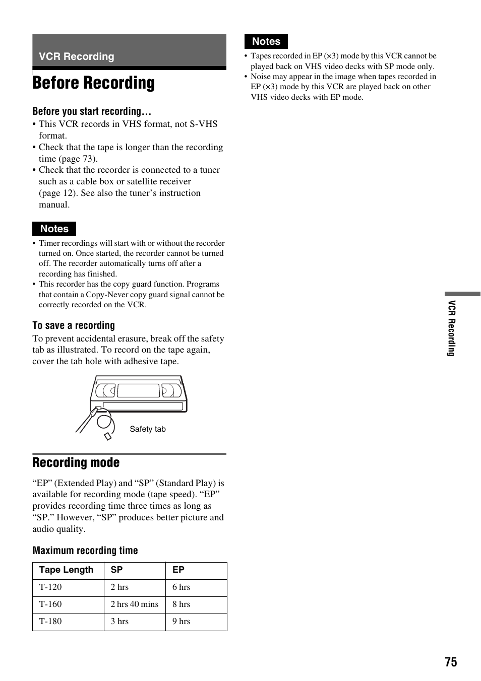Vcr recording, Before recording, Recording mode | Sony RDR-VX525 User Manual | Page 75 / 160