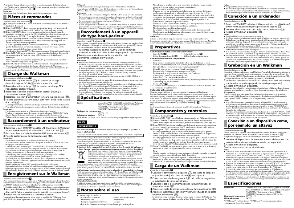 Pièces et commandes, Charge du walkman, Raccordement à un ordinateur | Enregistrement sur le walkman, Notas sobre el uso, Raccordement à un appareil de type haut-parleur, Spécifications, Preparativos, Componentes y controles, Carga de un walkman | Sony BCR-NWU5 User Manual | Page 2 / 2