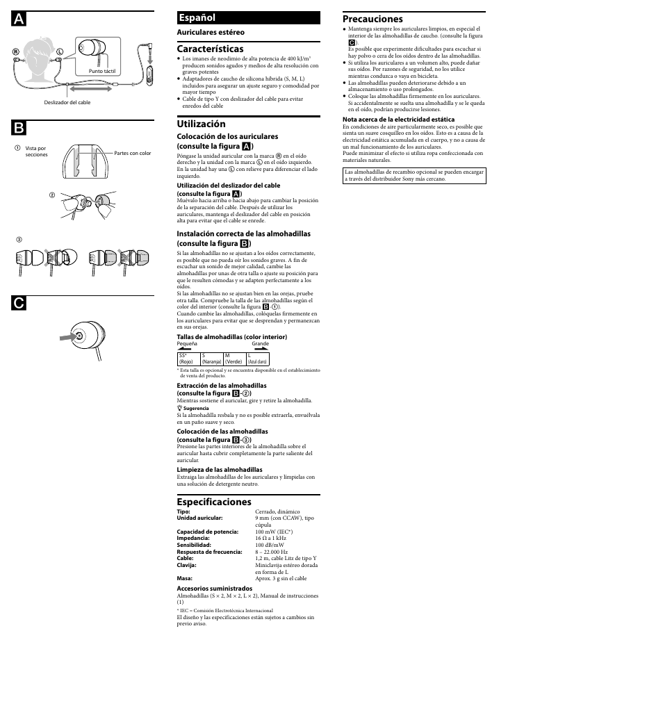Precauciones, Español, Características | Utilización, Especificaciones | Sony MDR-PQ6 User Manual | Page 2 / 2