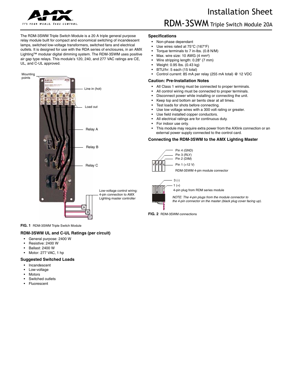 AMX Triple Switch Module 20A RDM-3SWM User Manual | 2 pages