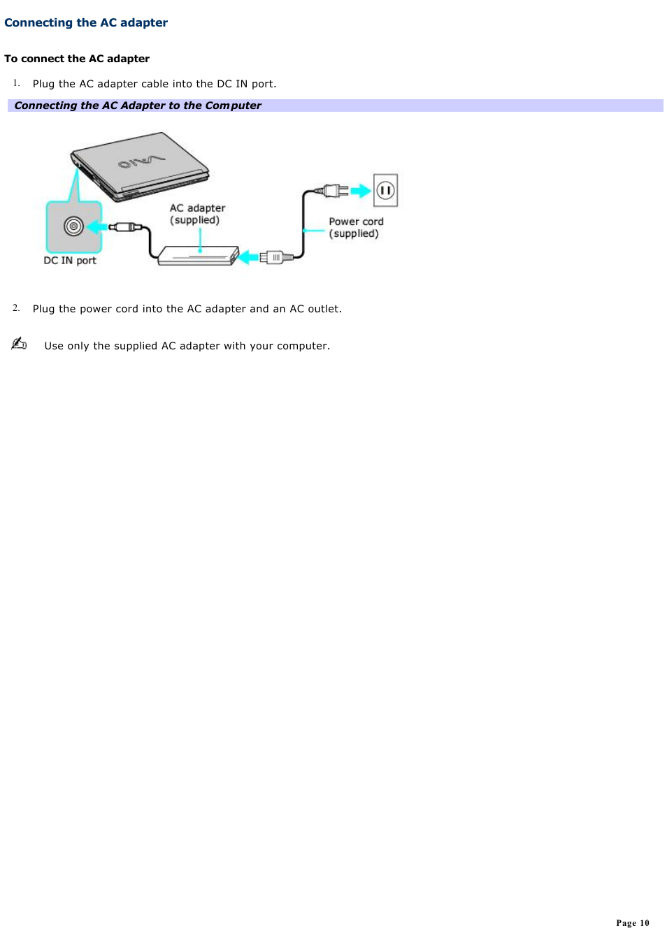 Connecting the ac adapter | Sony PCG-V505DC1P User Manual | Page 10 / 152