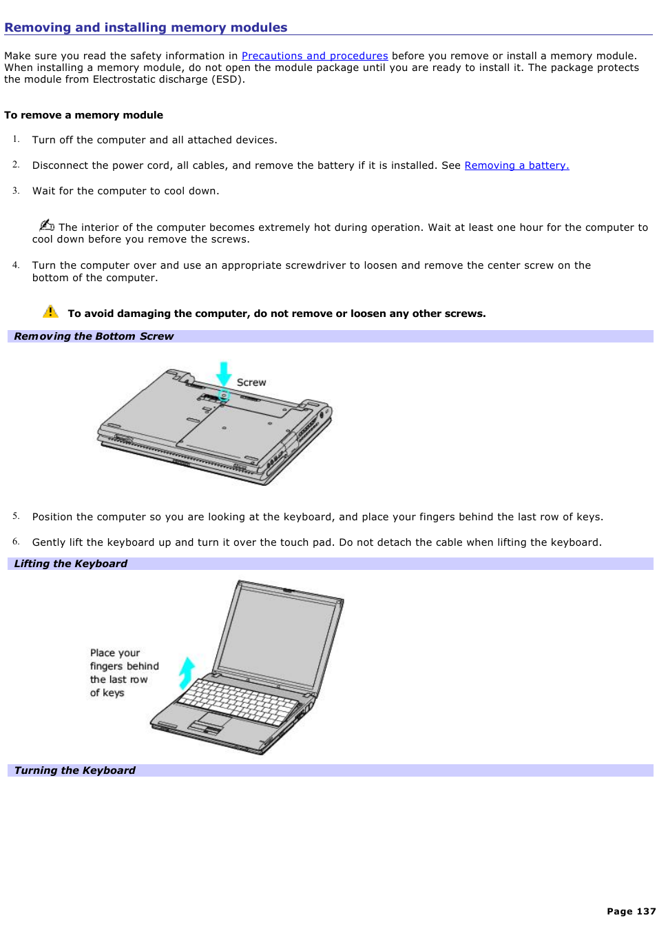 Removing and installing memory modules | Sony PCG-V505DC1P User Manual | Page 137 / 152