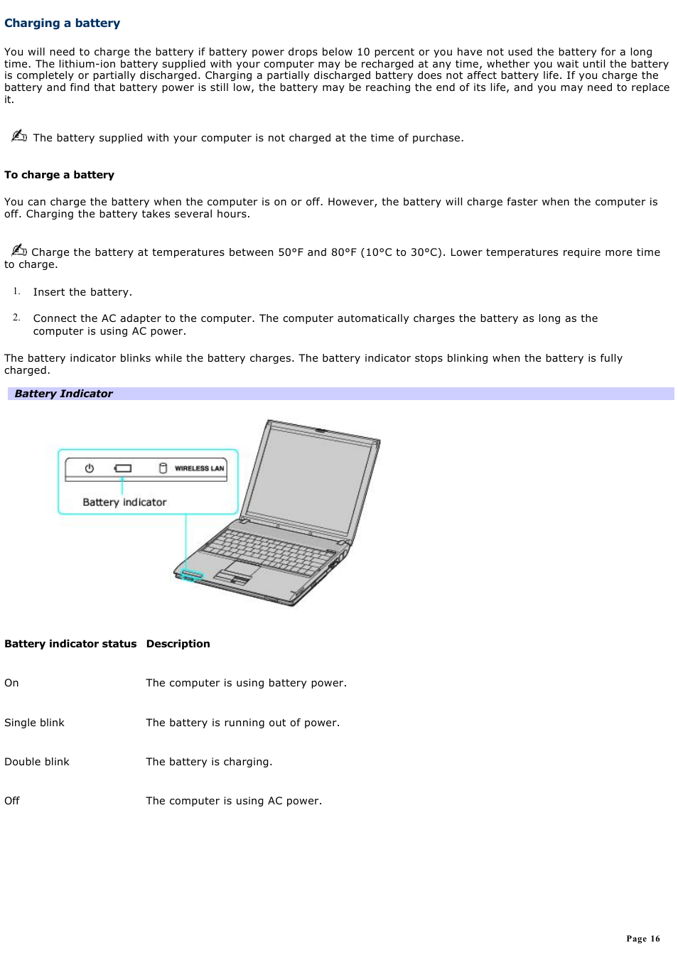 Charging a battery | Sony PCG-V505DC1P User Manual | Page 16 / 152