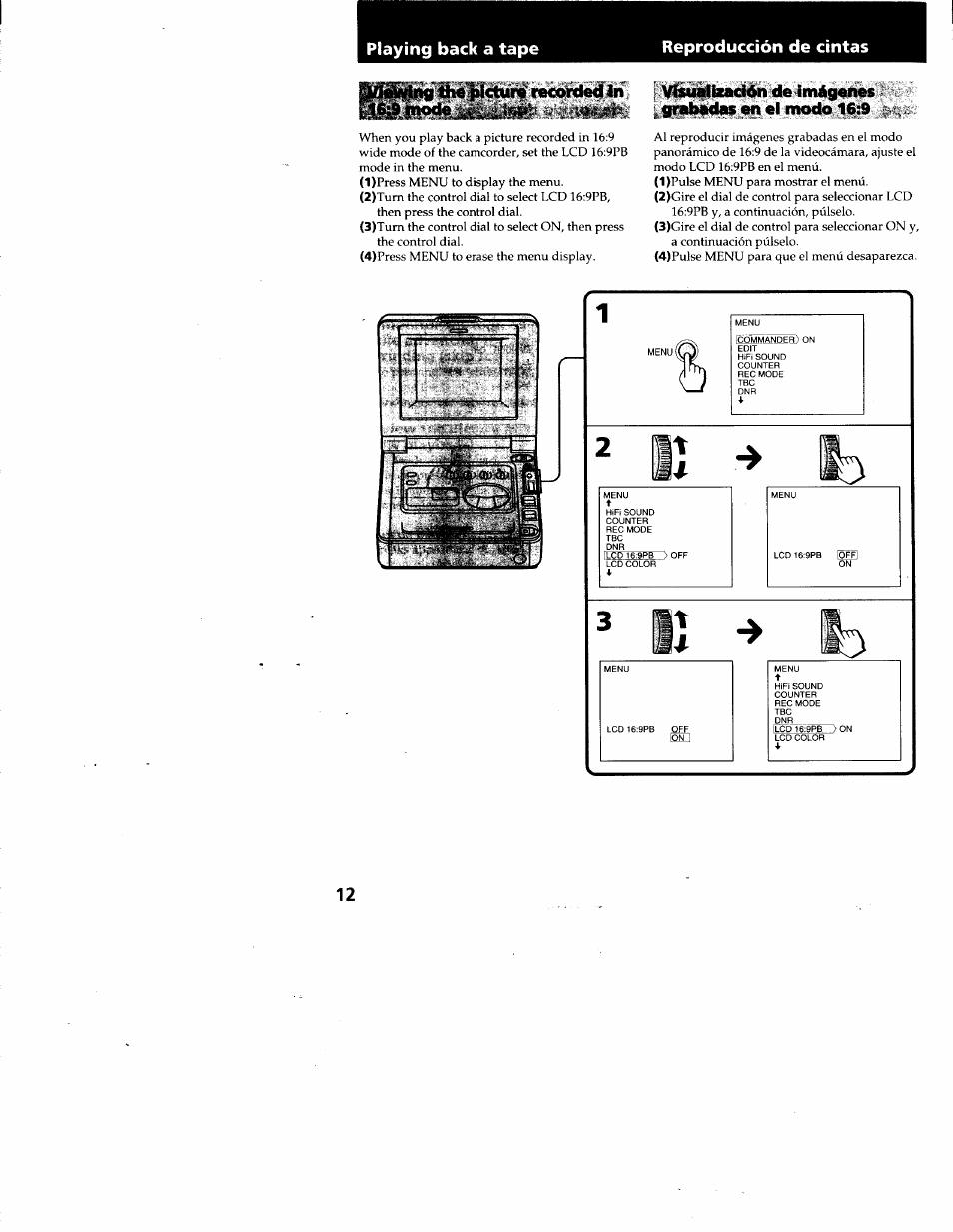 Ptfsiiing the'pichira recorded jn, Playing back a tape reproducción de cintas | Sony GV-A500 User Manual | Page 12 / 52